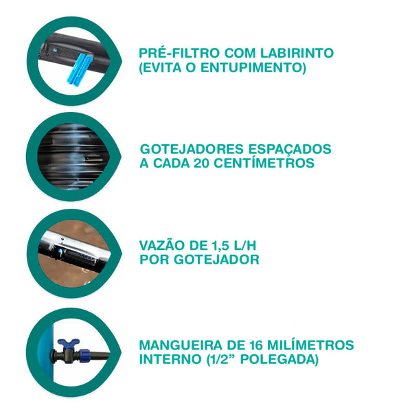 Mangueira Gotejadora Tiquira - 20cm - 1,5 L/h/got - 1.000m - Petroisa