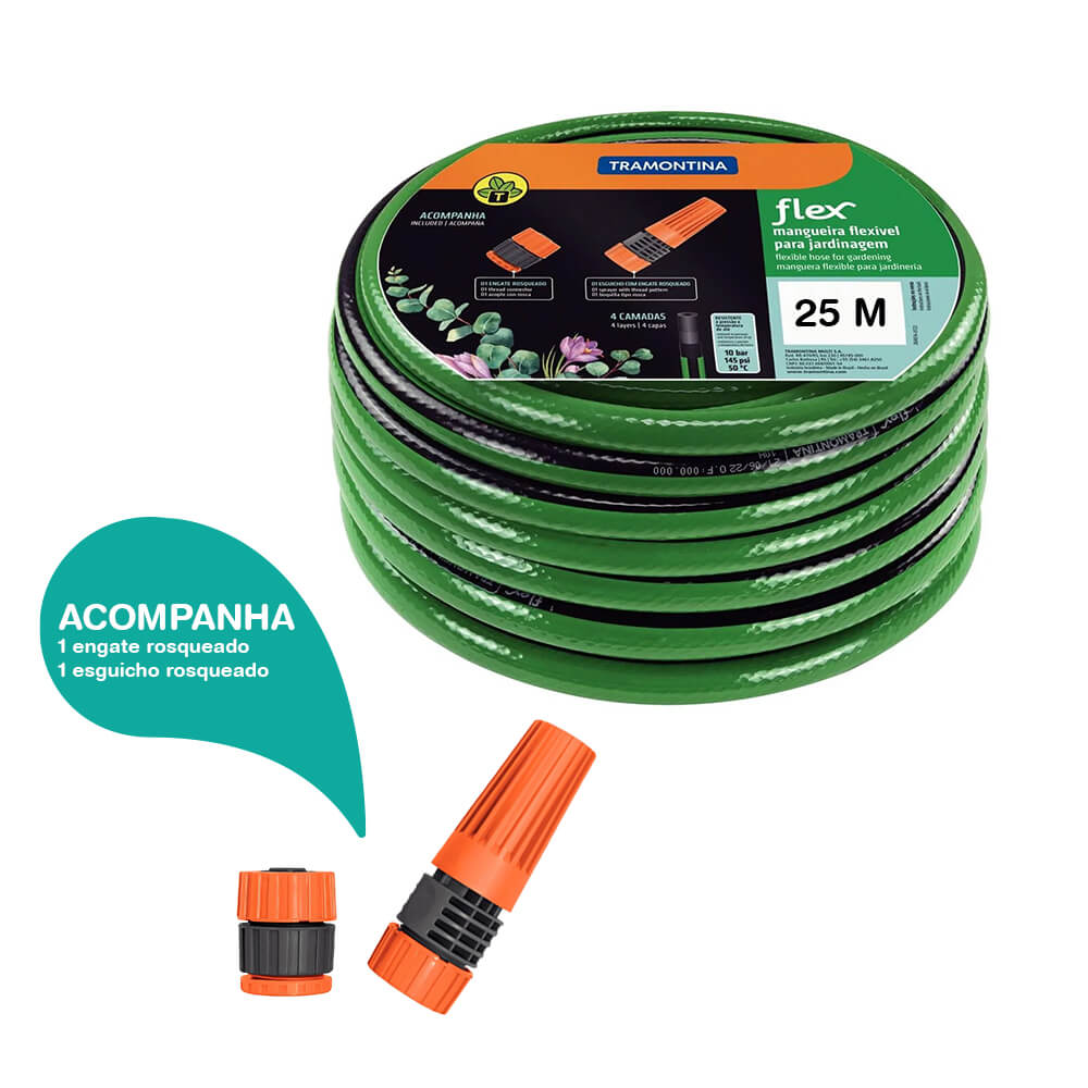 Mangueira para Jardim Flex Especial com 4 Camadas PVC e Engates - 25 metros - Tramontina Imagem principal do produto